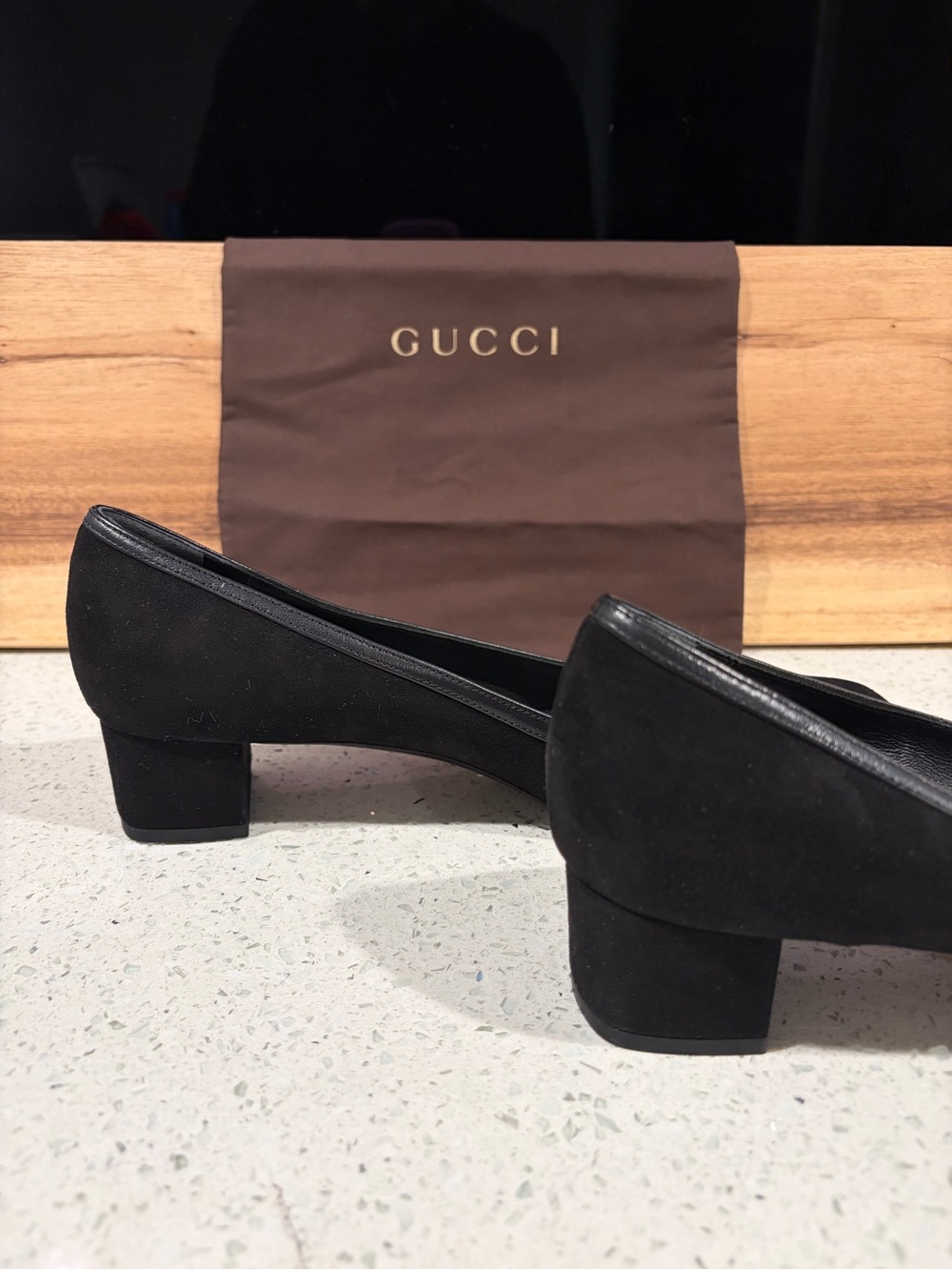 Gucci Black Suede Low Block Heel Pumps with Gold Horsebit - Picture 6 of 10